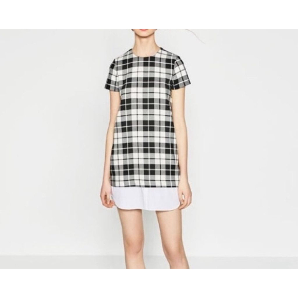 Women's Zara Black White Plaid Short Sleeve Mini Dress Size L